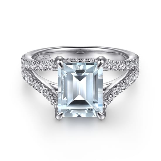 14K White Gold Split Shank Emerald Cut Aquamarine and Diamond Engagement Ring