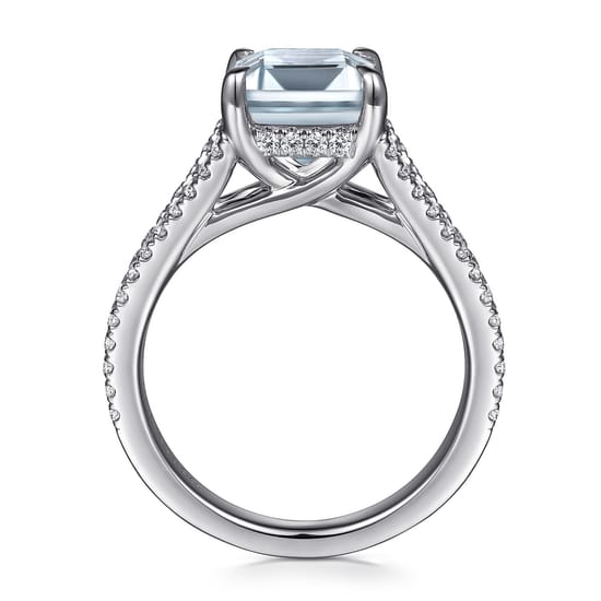 14K White Gold Split Shank Emerald Cut Aquamarine and Diamond Engagement Ring angle 2