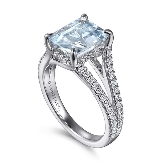 14K White Gold Split Shank Emerald Cut Aquamarine and Diamond Engagement Ring angle 3