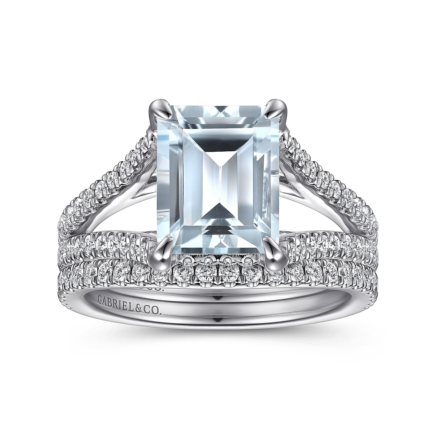 14K White Gold Split Shank Emerald Cut Aquamarine and Diamond Engagement Ring