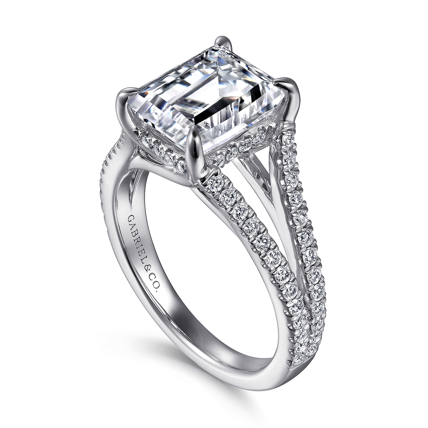 14K White Gold Split Shank Emerald Cut Diamond Engagement Ring