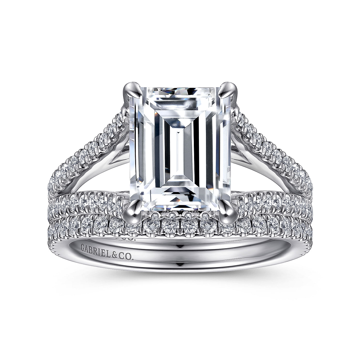 14K White Gold Split Shank Emerald Cut Diamond Engagement Ring