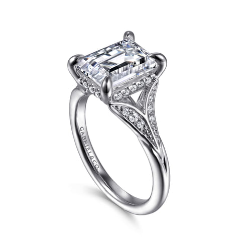 14K White Gold Split Shank Emerald Cut Diamond Engagement Ring