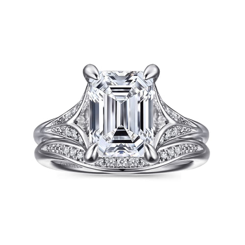 14K White Gold Split Shank Emerald Cut Diamond Engagement Ring
