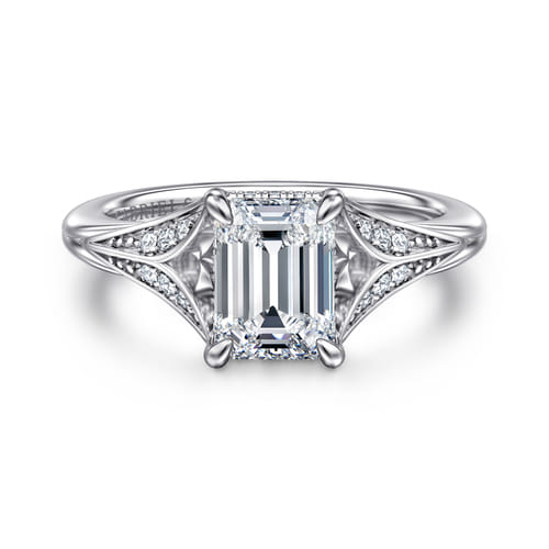 14K White Gold Split Shank Emerald Cut Diamond Engagement Ring
