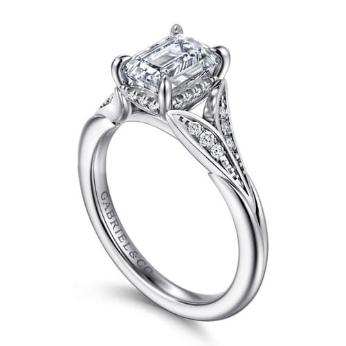 14K White Gold Split Shank Emerald Cut Diamond Engagement Ring