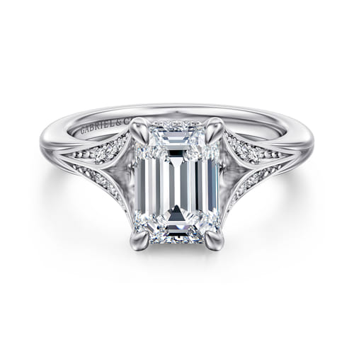 14K White Gold Split Shank Emerald Cut Diamond Engagement Ring