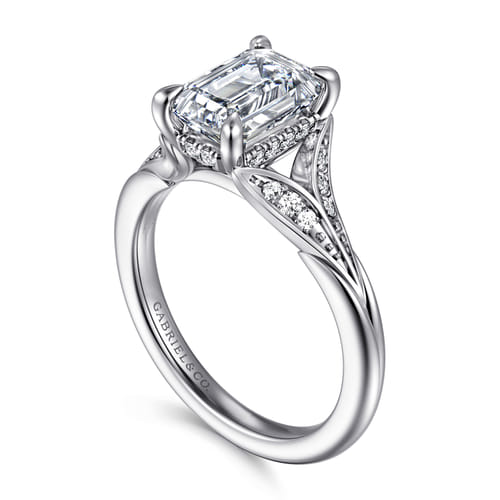 14K White Gold Split Shank Emerald Cut Diamond Engagement Ring