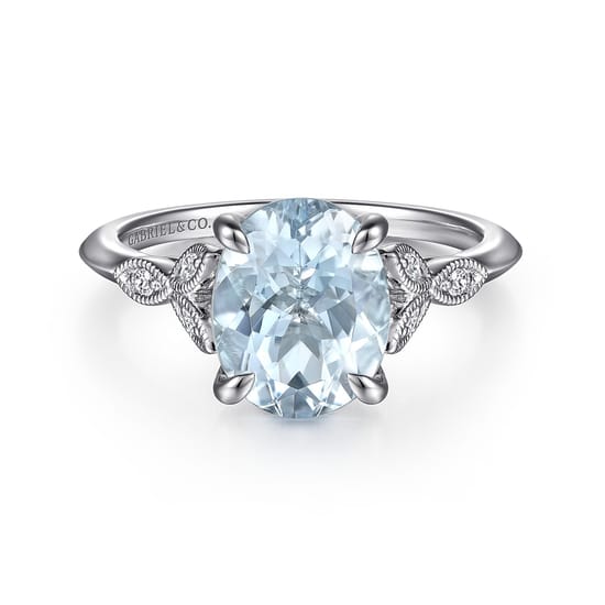 14K White Gold Split Shank Oval Aquamarine and Diamond Engagement Ring