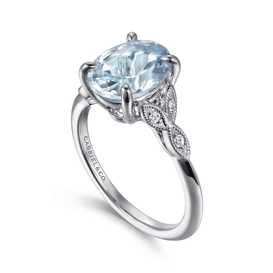 14K White Gold Split Shank Oval Aquamarine and Diamond Engagement Ring angle 3