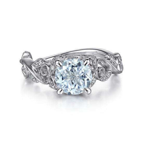 Gabriel - 14K White Gold Split Shank Round Aquamarine and Diamond Engagement Ring