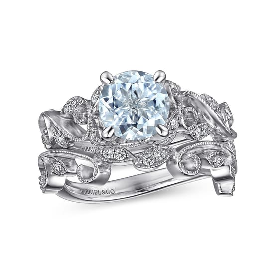 14K White Gold Split Shank Round Aquamarine and Diamond Engagement Ring angle 4