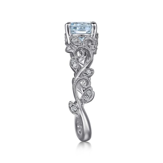14K White Gold Split Shank Round Aquamarine and Diamond Engagement Ring angle 5