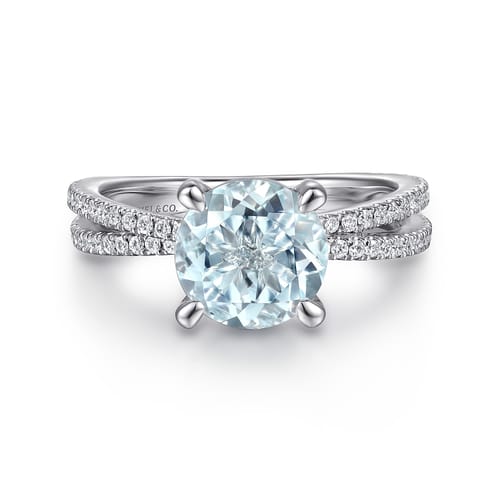 14K White Gold Split Shank Round Aquamarine and Diamond Engagement Ring