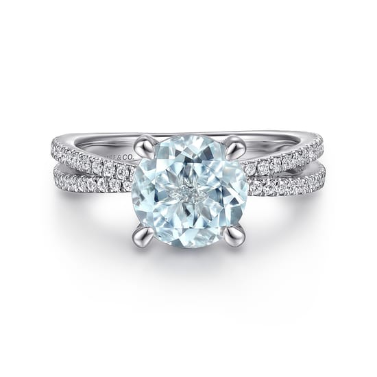 14K White Gold Split Shank Round Aquamarine and Diamond Engagement Ring