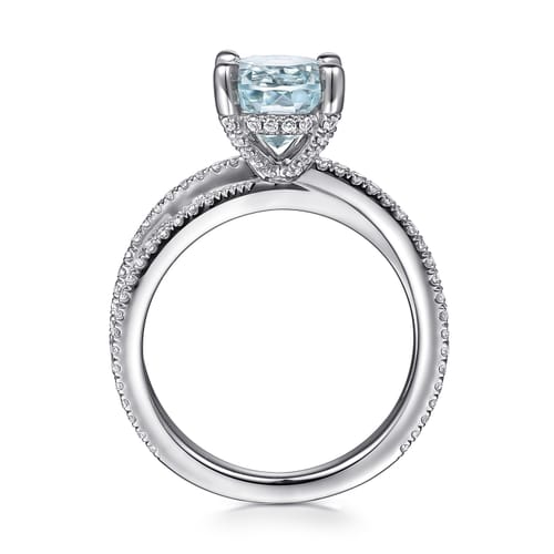 14K White Gold Split Shank Round Aquamarine and Diamond Engagement Ring