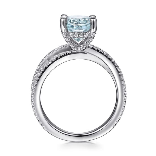 14K White Gold Split Shank Round Aquamarine and Diamond Engagement Ring angle 2