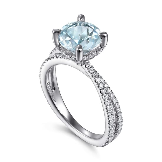14K White Gold Split Shank Round Aquamarine and Diamond Engagement Ring angle 3