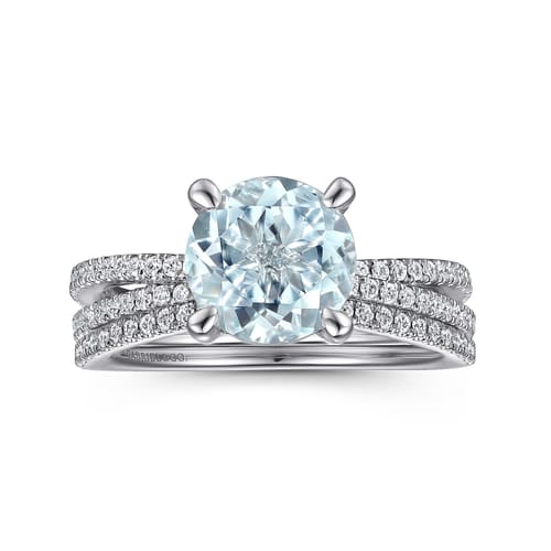 14K White Gold Split Shank Round Aquamarine and Diamond Engagement Ring
