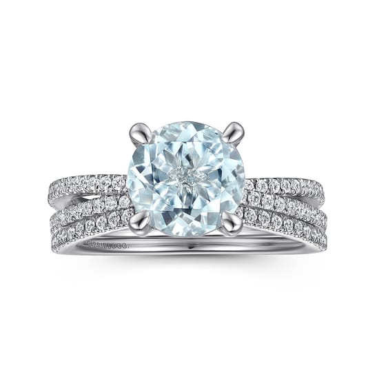 14K White Gold Split Shank Round Aquamarine and Diamond Engagement Ring angle 4