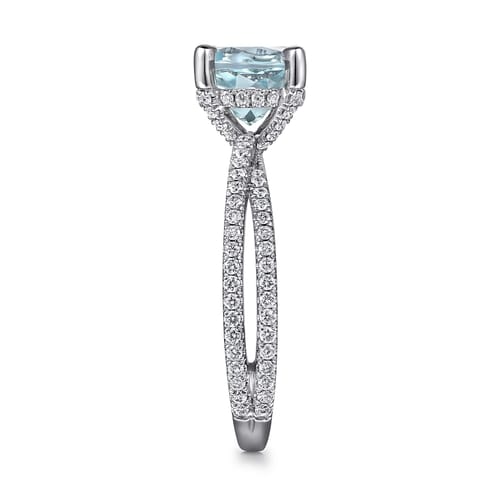 14K White Gold Split Shank Round Aquamarine and Diamond Engagement Ring