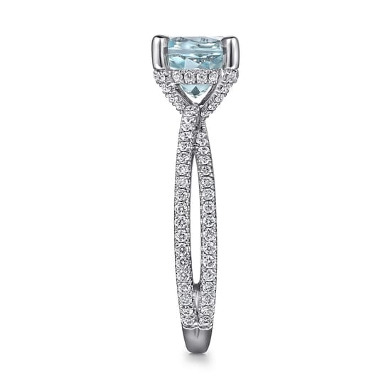 14K White Gold Split Shank Round Aquamarine and Diamond Engagement Ring angle 5