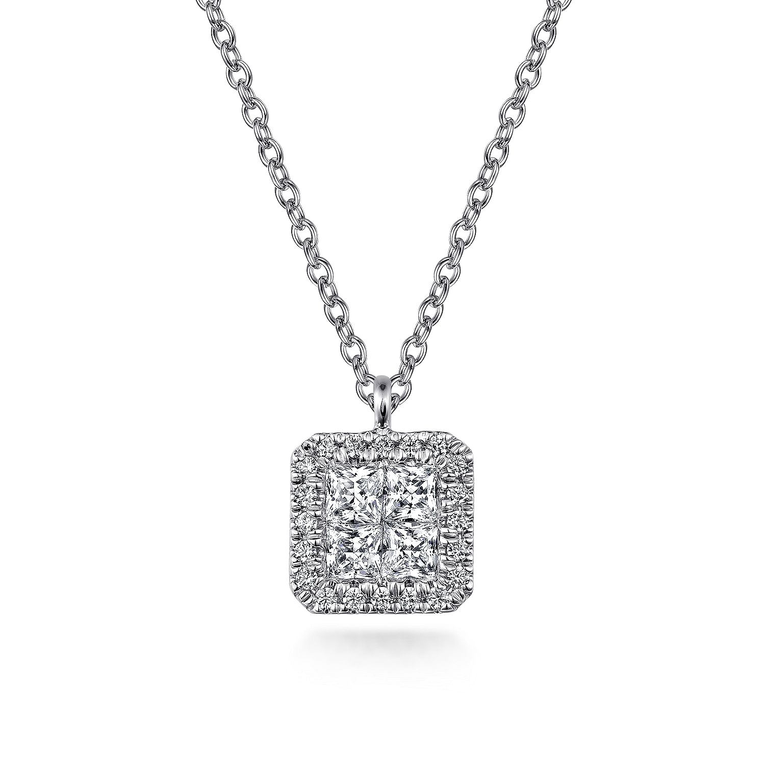 Gabriel - 14K White Gold Square Cluster Diamond Pendant Necklace