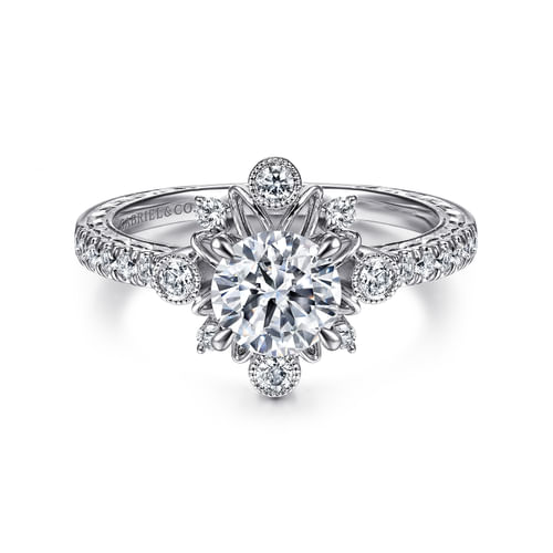 14K White Gold Starburst Halo Round Diamond Engagement Ring