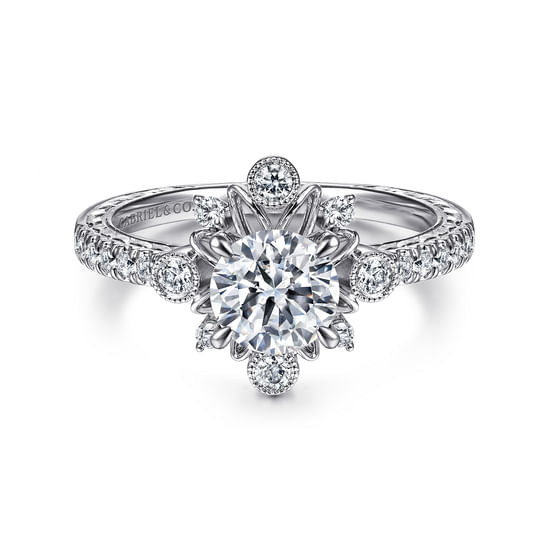 Gabriel - 14K White Gold Starburst Halo Round Diamond Engagement Ring