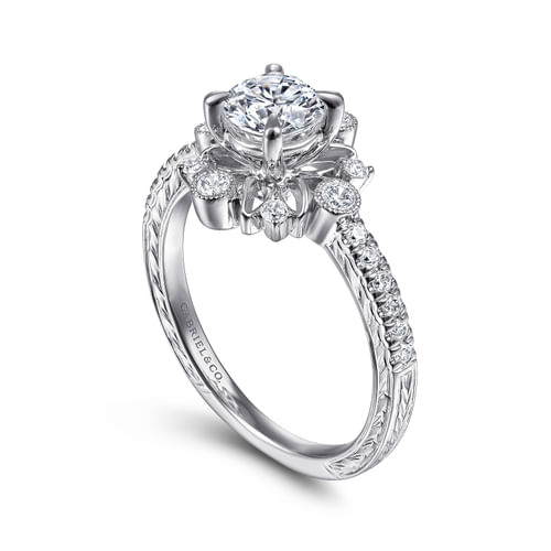 14K White Gold Starburst Halo Round Diamond Engagement Ring