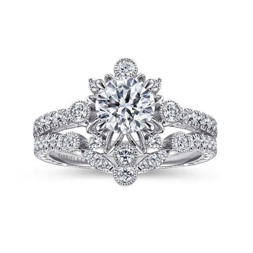 14K White Gold Starburst Halo Round Diamond Engagement Ring