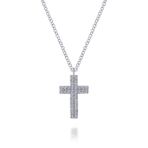 14K White Gold Straight Pavé Diamond Cross Necklace
