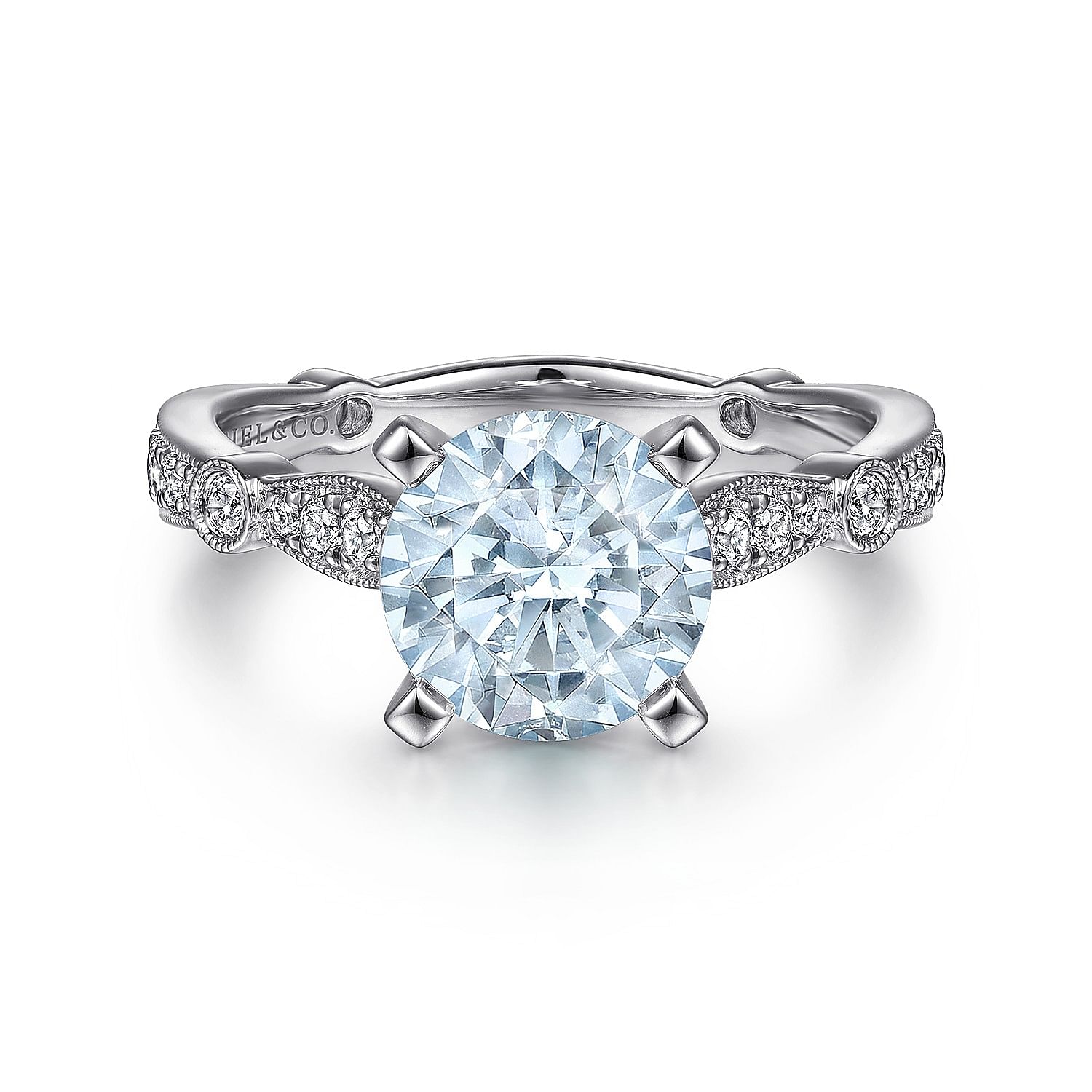 14K White Gold Straight Round Aquamarine and Diamond Engagement Ring