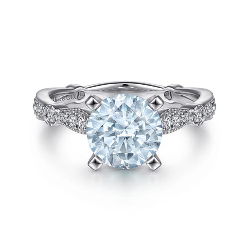 14K White Gold Straight Round Aquamarine and Diamond Engagement Ring