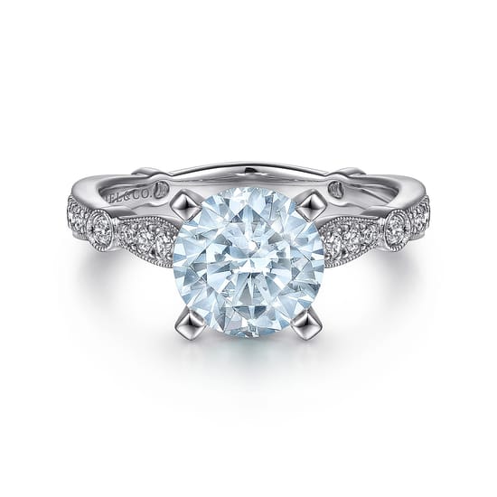 14K White Gold Straight Round Aquamarine and Diamond Engagement Ring