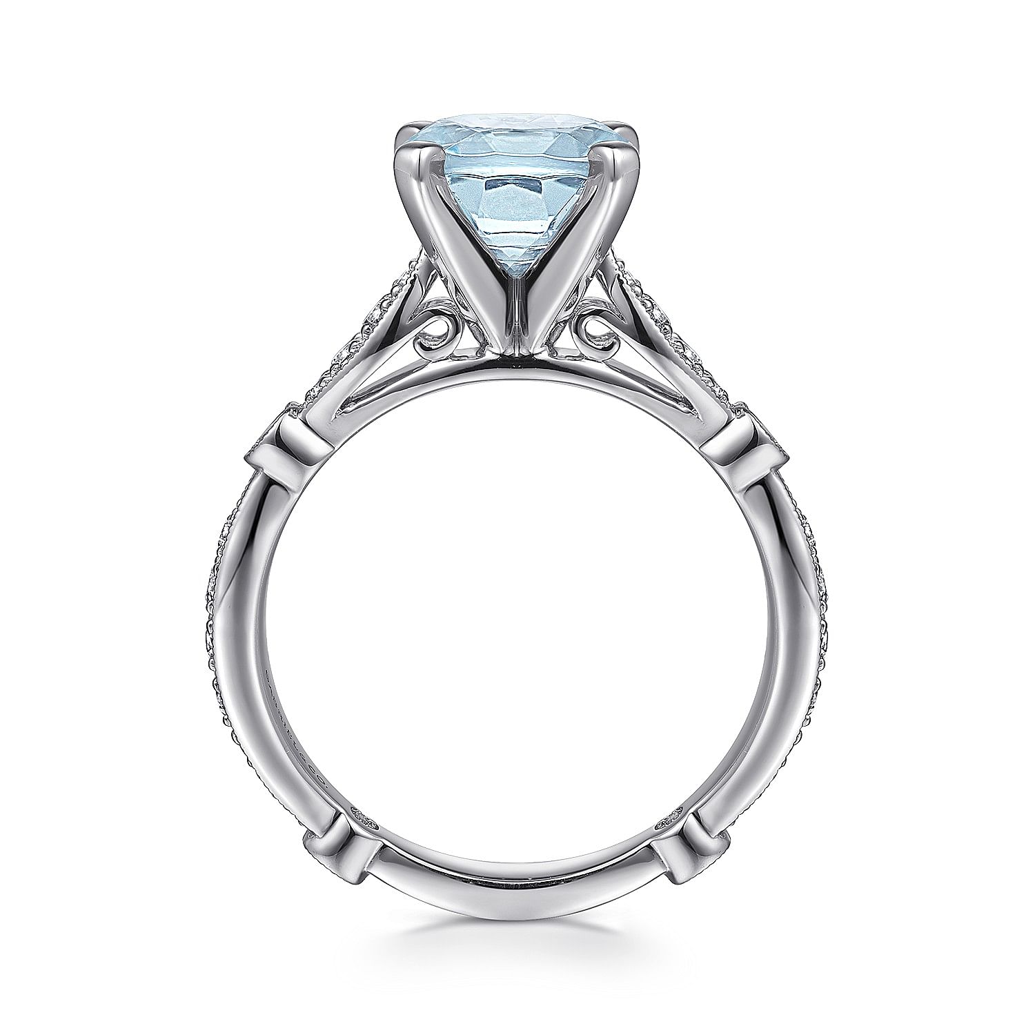 14K White Gold Straight Round Aquamarine and Diamond Engagement Ring