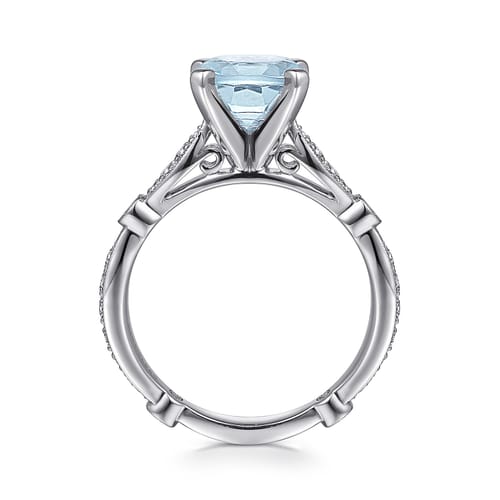 14K White Gold Straight Round Aquamarine and Diamond Engagement Ring