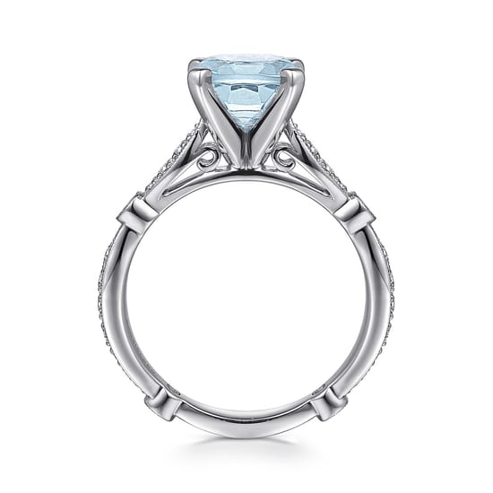 14K White Gold Straight Round Aquamarine and Diamond Engagement Ring angle 2