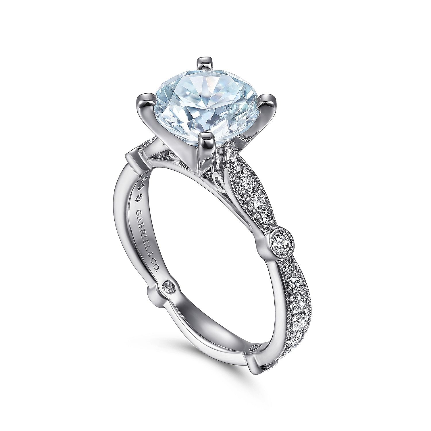 14K White Gold Straight Round Aquamarine and Diamond Engagement Ring