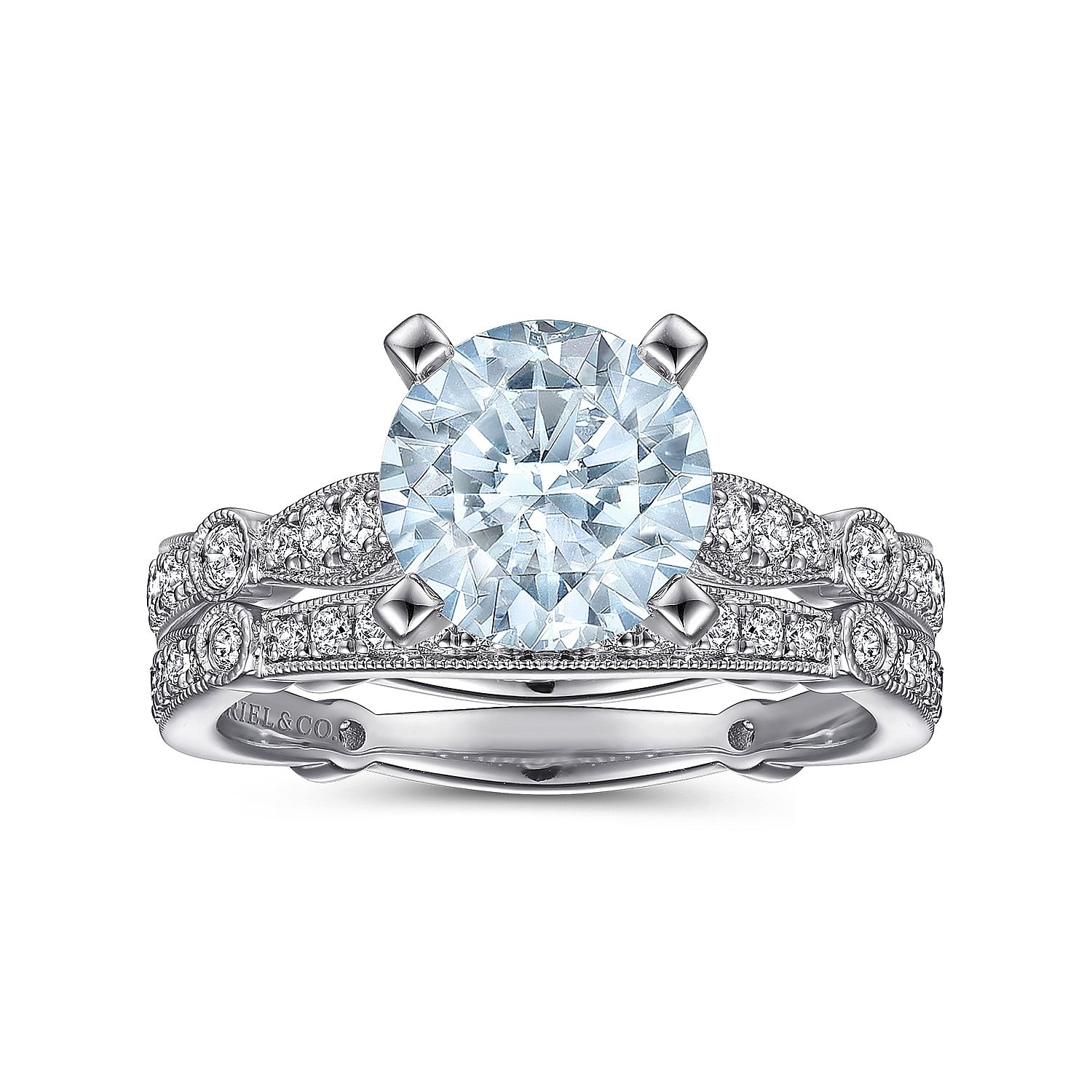 14K White Gold Straight Round Aquamarine and Diamond Engagement Ring