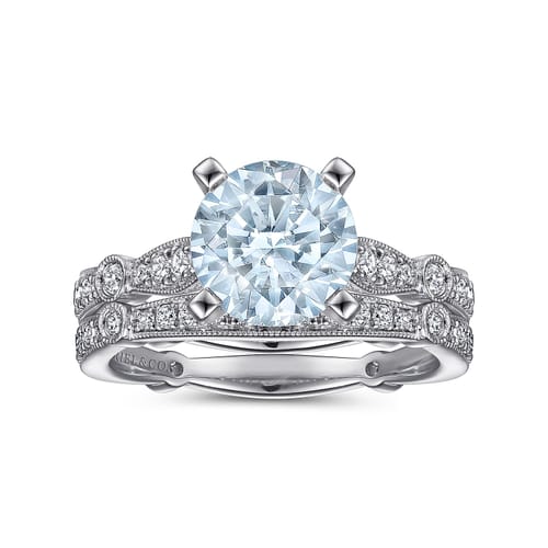 14K White Gold Straight Round Aquamarine and Diamond Engagement Ring
