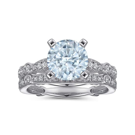 14K White Gold Straight Round Aquamarine and Diamond Engagement Ring angle 4
