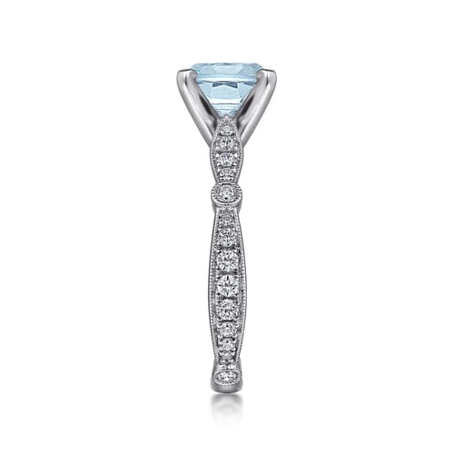 14K White Gold Straight Round Aquamarine and Diamond Engagement Ring