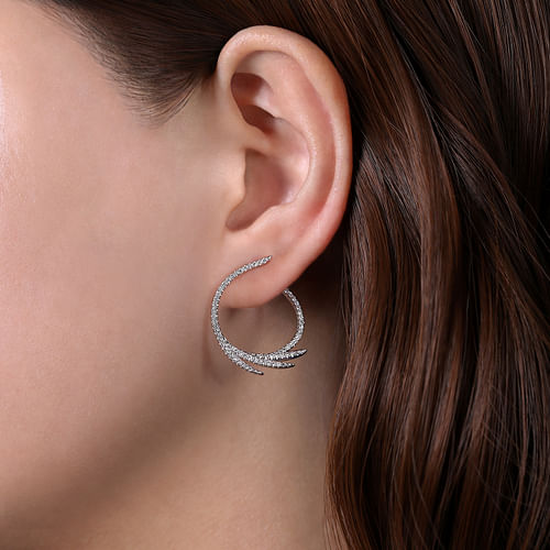 14K White Gold Swirling 25mm Diamond Bypass Hoop Earringss