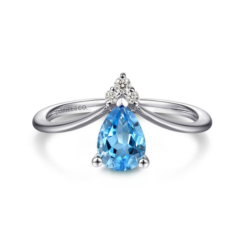 14K White Gold Swiss Blue Topaz Diamond Chevron Ring