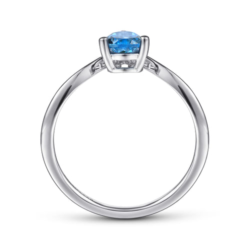 14K White Gold Swiss Blue Topaz Diamond Chevron Ring