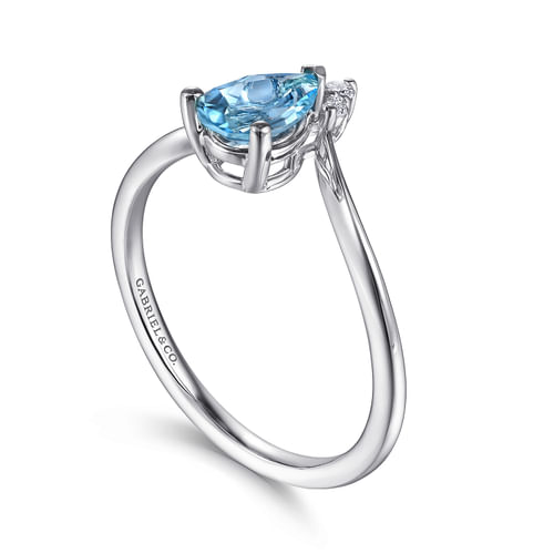 14K White Gold Swiss Blue Topaz Diamond Chevron Ring