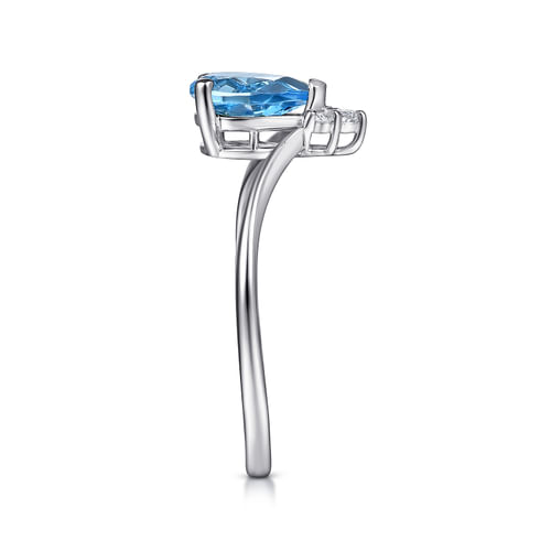 14K White Gold Swiss Blue Topaz Diamond Chevron Ring