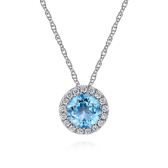 Gabriel - 14K White Gold Swiss Blue Topaz and Diamond Halo Pendant Necklace