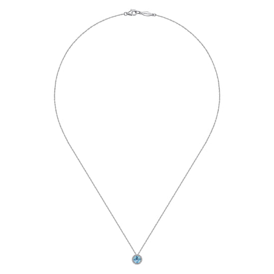 14K White Gold Swiss Blue Topaz and Diamond Halo Pendant Necklace angle 2